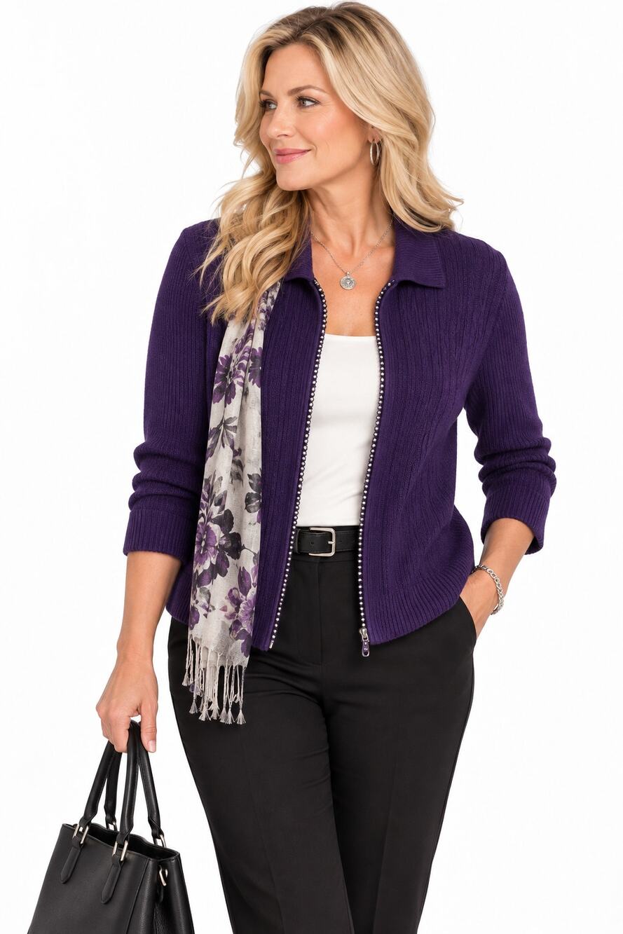 DRR Jenny Womens L Purple Ramie Cotton Zip Front Cardigan Sweater